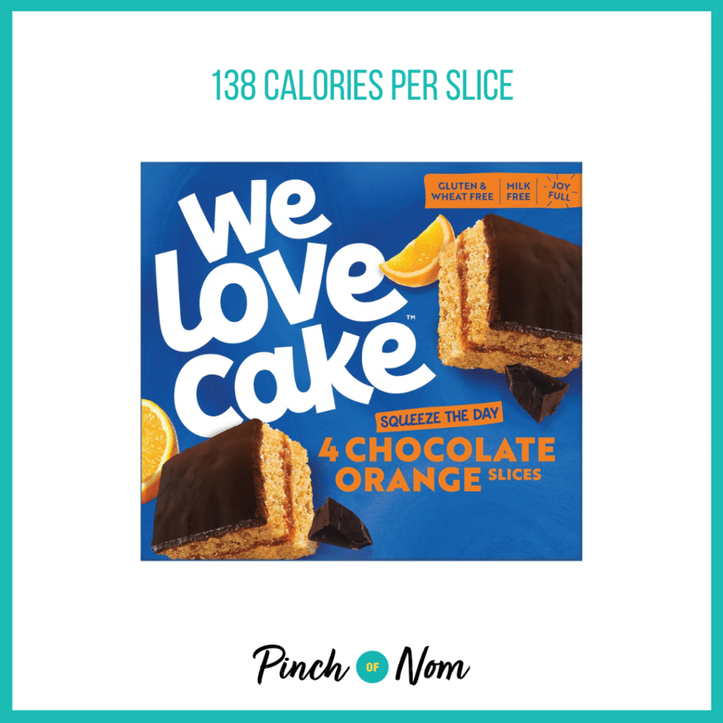 We Love Cake Free From Chocolate Orange Slices featured in Pinch of Nom's Weekly Pinch of Shopping with the calorie count printed above (138 calories per slice).