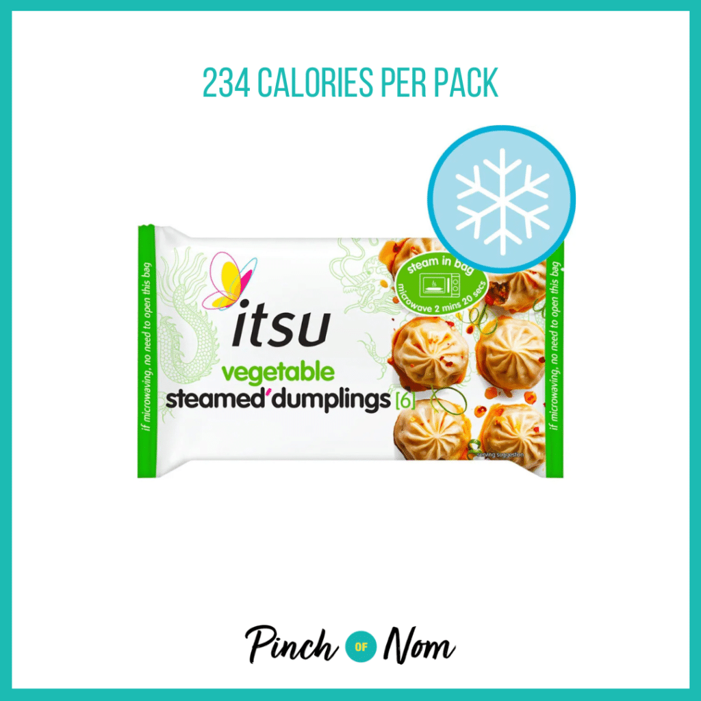 itsu vegetable steamed dumplings with Breadsticks featured in Pinch of Nom's Weekly Pinch of Shopping with the calorie count printed above (234 calories per pack).