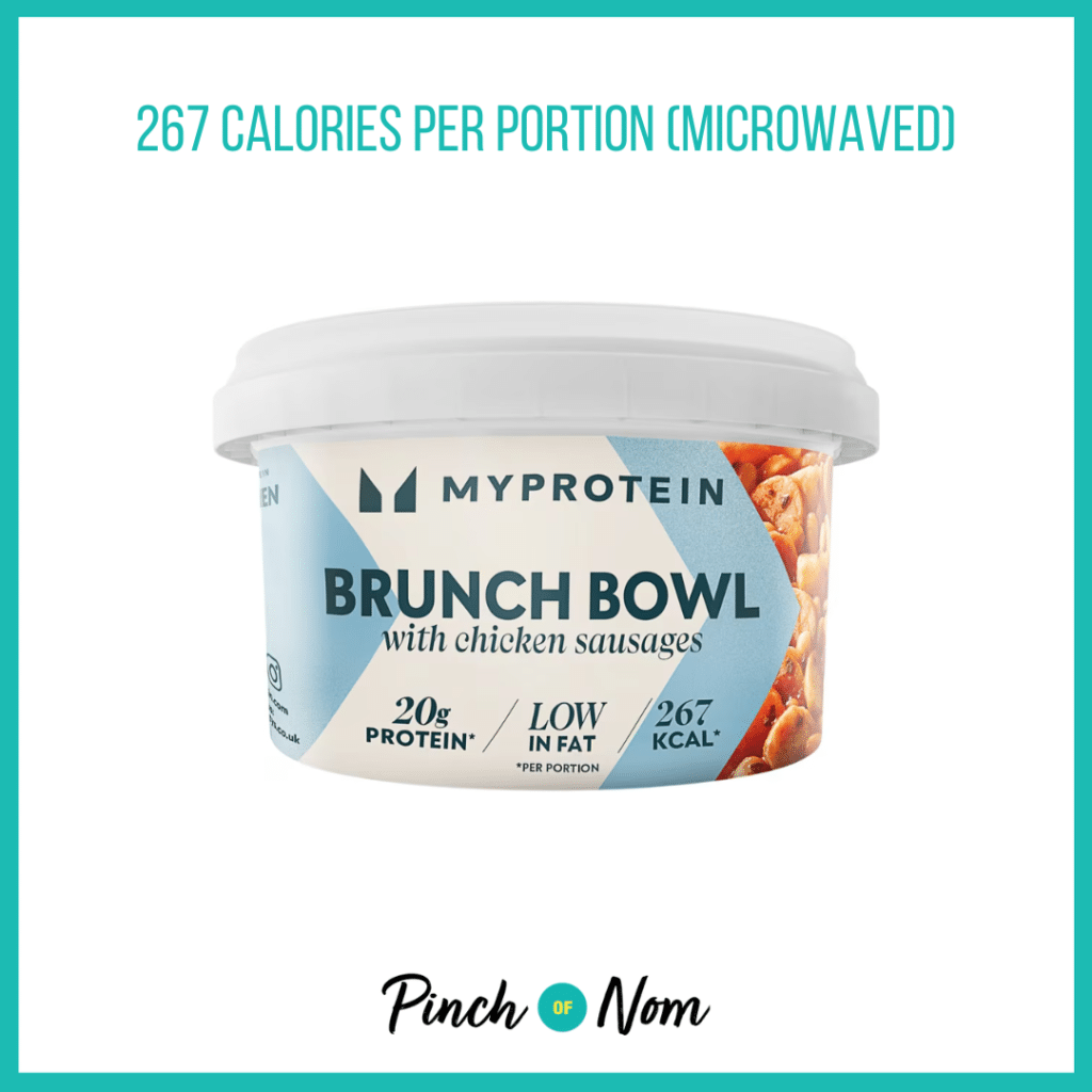 MyProtein Brunch Bowl featured in Pinch of Nom's Weekly Pinch of Shopping with the calorie count printed above (267 calories per portion - microwaved).