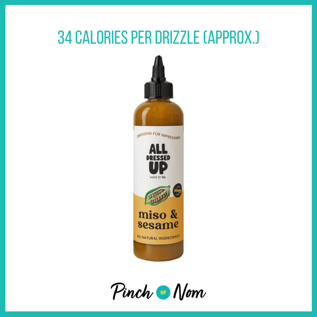 All Dressed Up Miso & Sesame Dressing featured in Pinch of Nom's Weekly Pinch of Shopping with the calorie count printed above (34 calories per drizzle (approx.)).