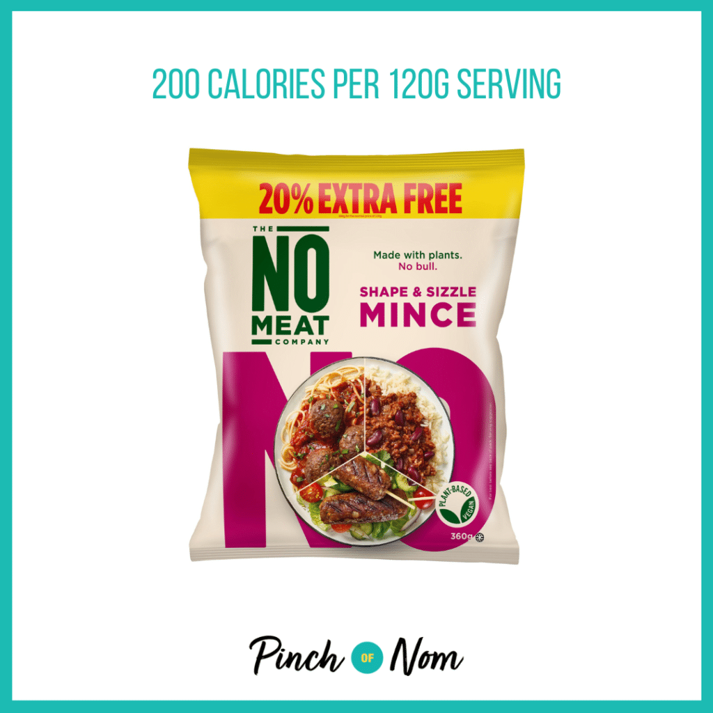 The No Meat Company Shape & Sizzle Mince featured in Pinch of Nom's Weekly Pinch of Shopping with the calorie count printed above (200 calories per 120g serving).