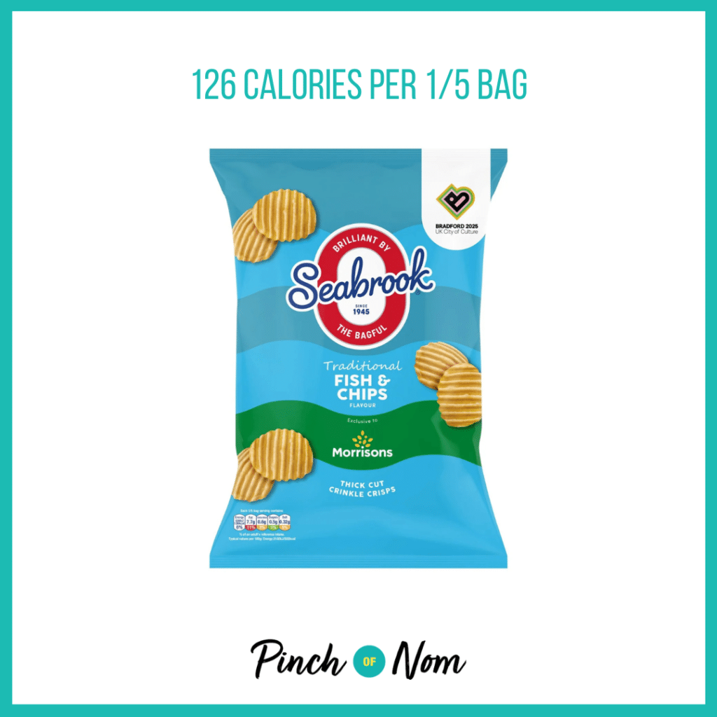 Seabrook Fish & Chips Crisps featured in Pinch of Nom's Weekly Pinch of Shopping with the calorie count printed above (126 calories per 1/5 bag).