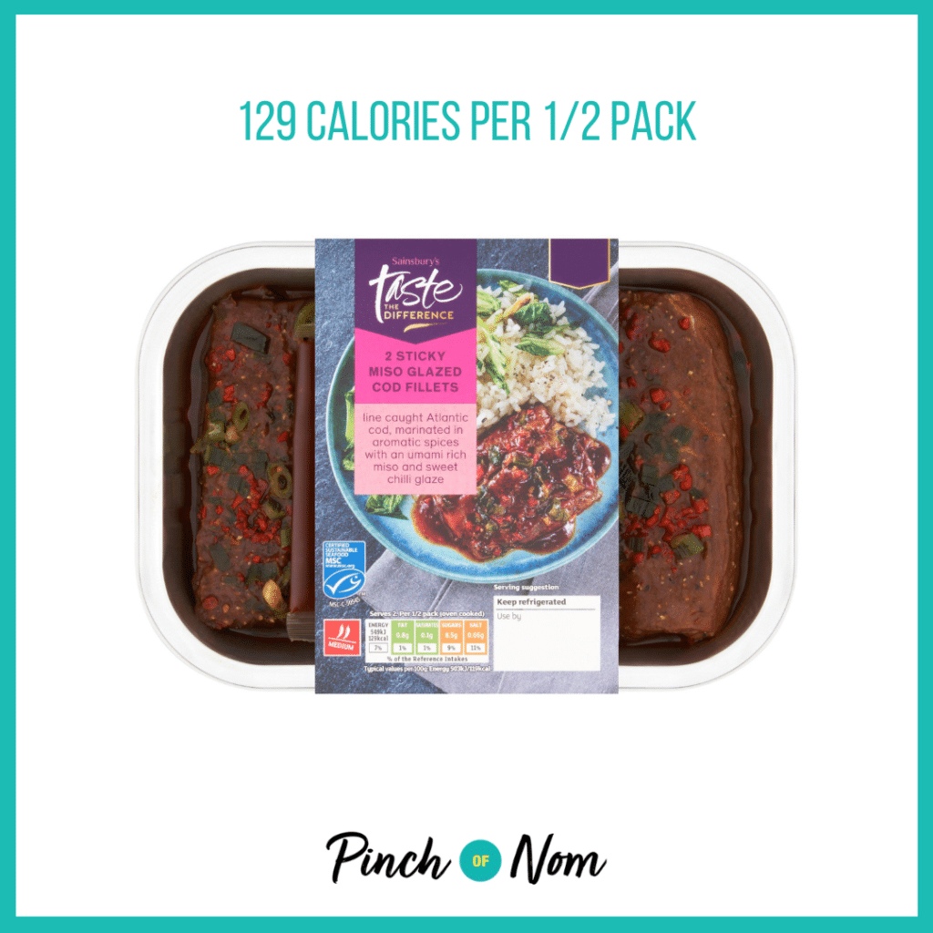 Sainsbury's Ready to Cook Sticky Miso Glazed MSC Cod Fillets, Taste the Difference featured in Pinch of Nom's Weekly Pinch of Shopping with the calorie count printed above (129 calories per 1/2 pack).