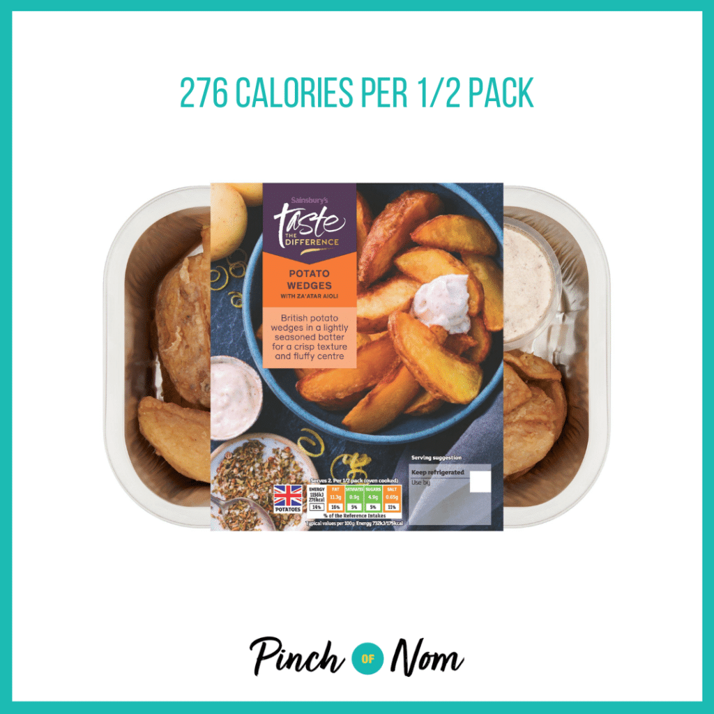 Sainsbury's Potato Wedges with Za Atar Aioli, Taste the Difference featured in Pinch of Nom's Weekly Pinch of Shopping with the calorie count printed above (276 calories per 1/2 pack).