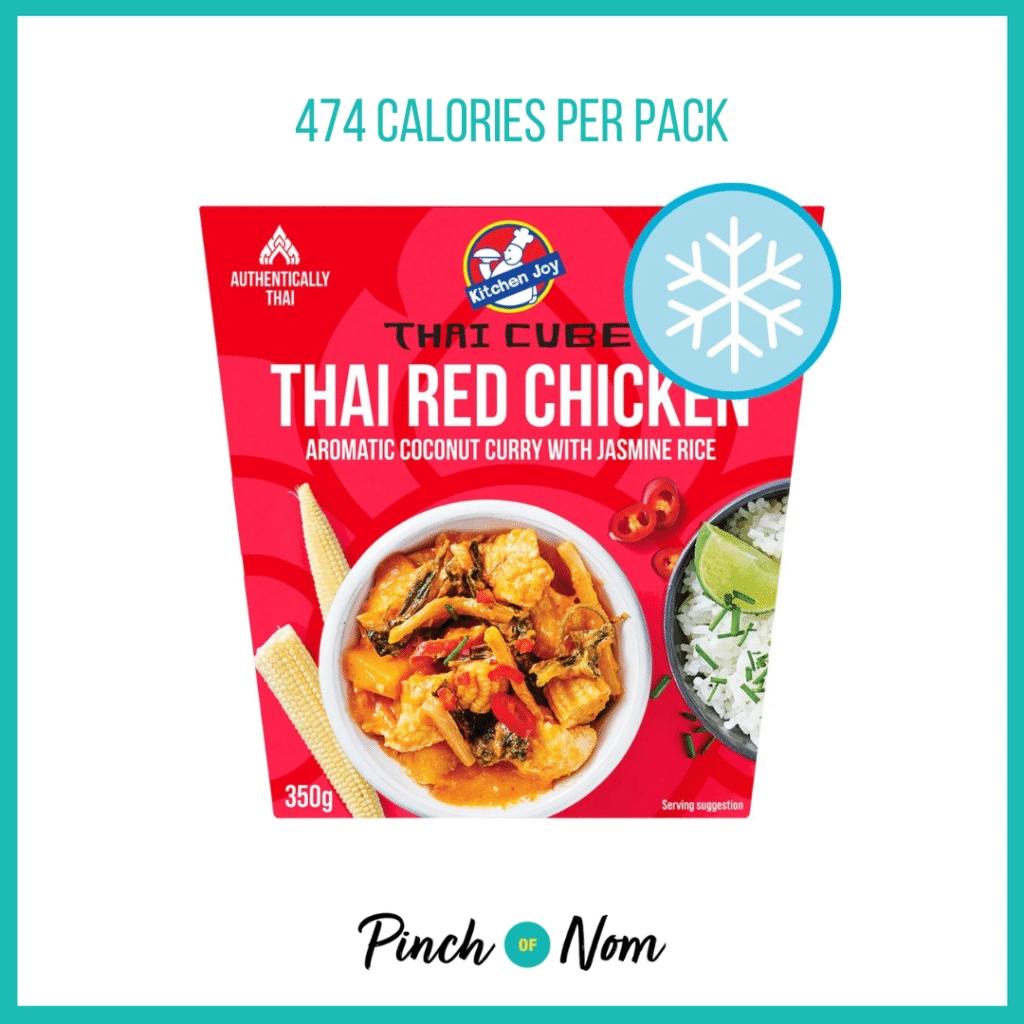 Kitchen Joy Thai Red Chicken Aromatic Coconut Curry with Jasmine Rice featured in Pinch of Nom's Weekly Pinch of Shopping with the calorie count printed above (474 calories per pack).