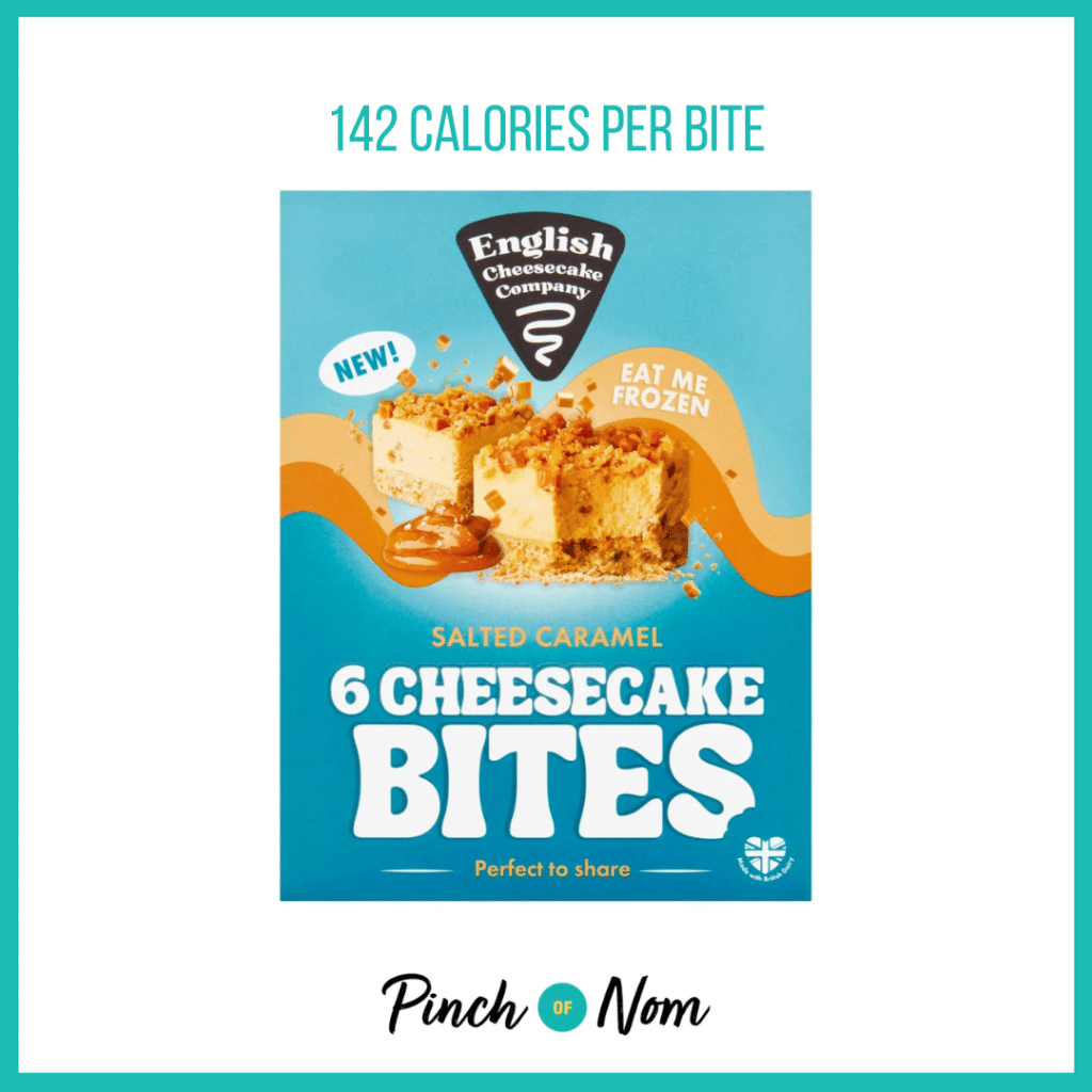 English Cheesecake Company Salted Caramel Cheesecake Bites featured in Pinch of Nom's Weekly Pinch of Shopping with the calorie count printed above (142 calories per bite).