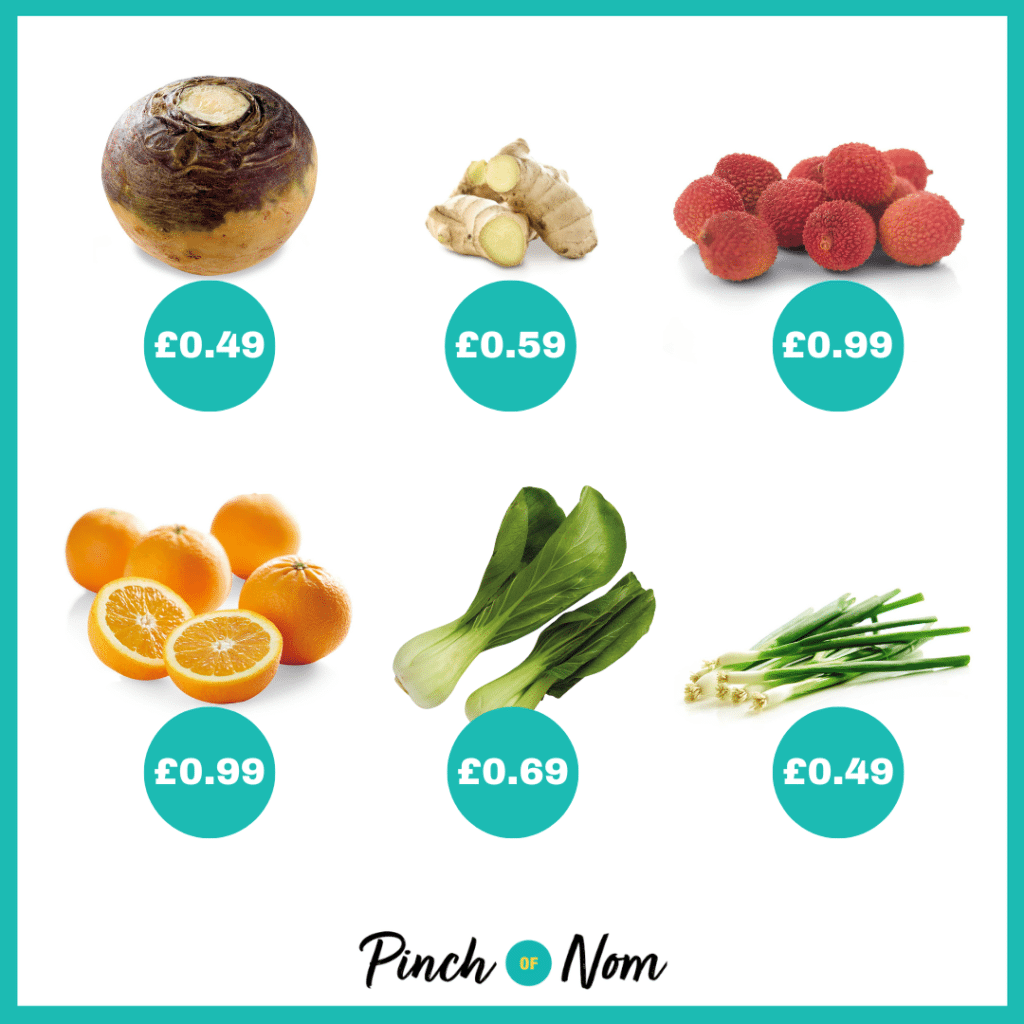 The fruit and veg selection from Aldi's Super 6, alongside their prices, featured in Pinch of Nom's Weekly Pinch of Shopping.