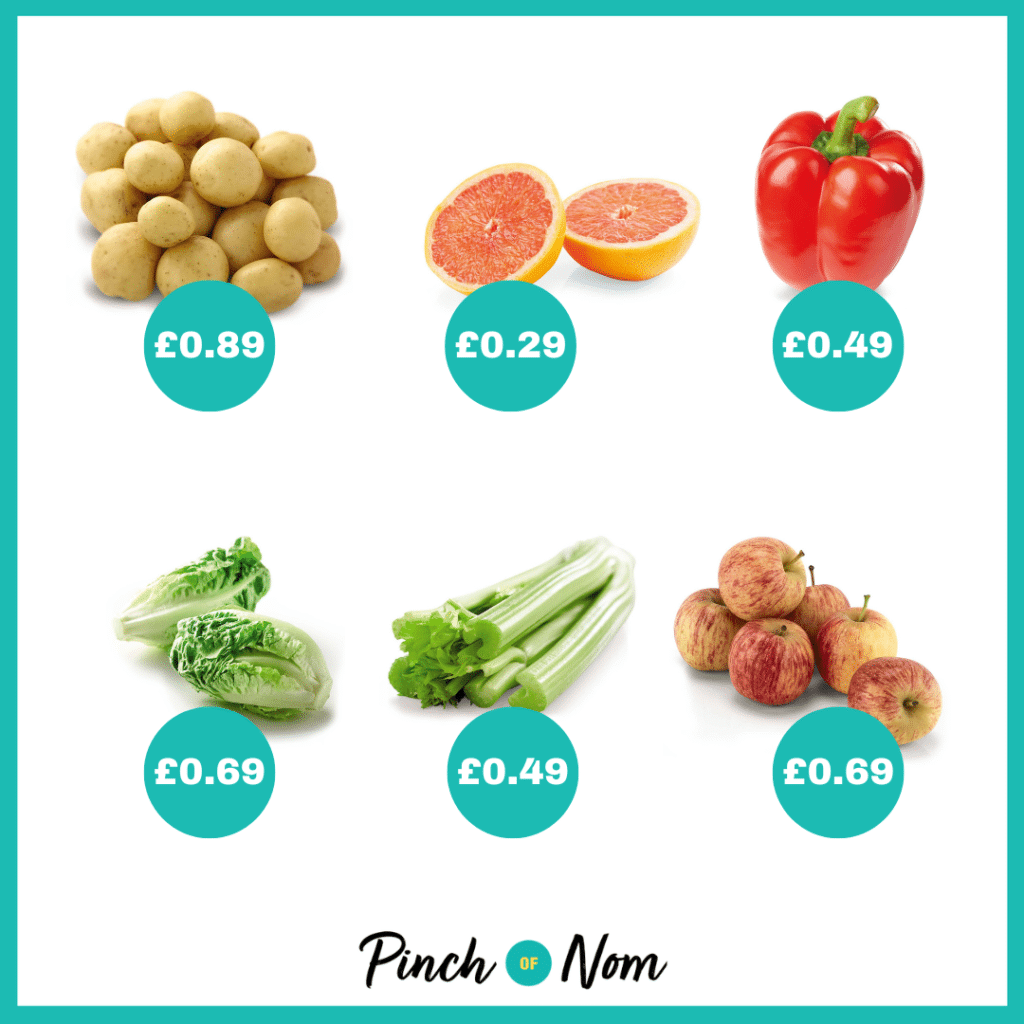 The fruit and veg selection from Aldi's Super 6, alongside their prices, featured in Pinch of Nom's Weekly Pinch of Shopping.