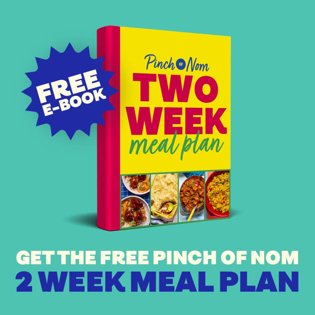 The TWO WEEK PINCH OF NOM MEAL PLAN eBook is at the centre, with the words 'GET THE FIRST PINCH OF NOM 2 WEEK MEAL PLAN' underneath, and a callout that says FREE EBOOK.