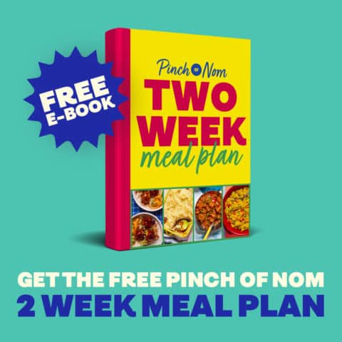 The TWO WEEK PINCH OF NOM MEAL PLAN eBook is at the centre, with the words 'GET THE FIRST PINCH OF NOM 2 WEEK MEAL PLAN' underneath, and a callout that says FREE EBOOK.