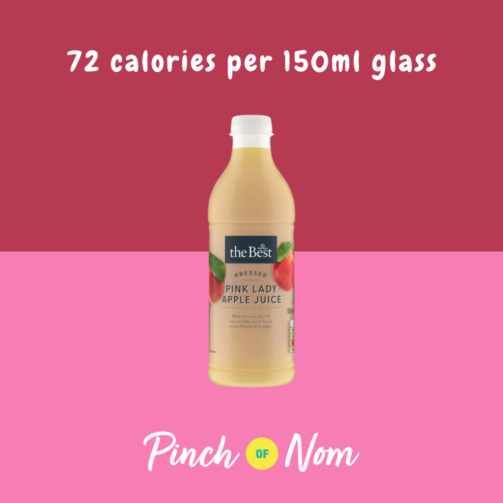 Morrisons The Best Pink Lady Juice featured in Pinch of Nom's Weekly Pinch of Shopping with the calorie count printed above (72 calories per 150ml glass).