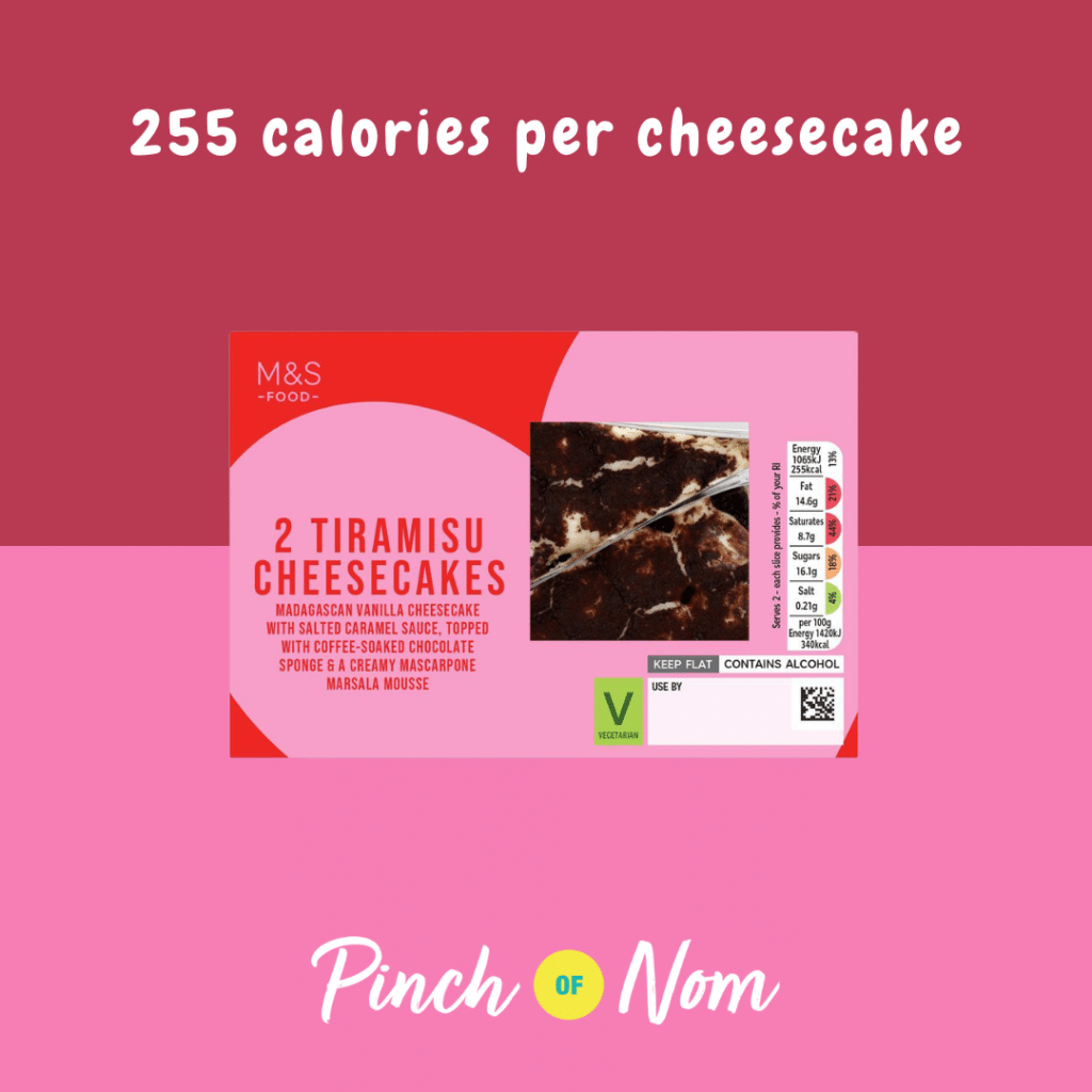 M&S Tiramisu Cheesecakes featured in Pinch of Nom's Weekly Pinch of Shopping with the calorie count printed above (255 calories per cheesecake).