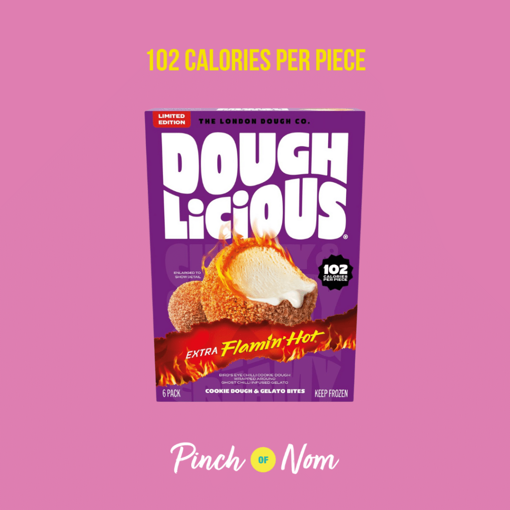 Doughlicious Extra Flamin Hot Cookie Dough & Gelato Bites featured in Pinch of Nom's Weekly Pinch of Shopping with the calorie count printed above (102 calories per piece).