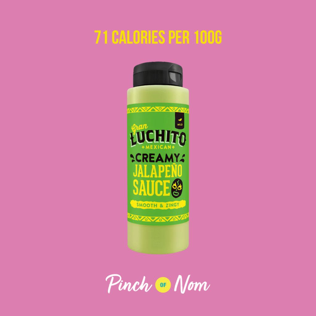 Gran Luchito Creamy Jalapeno Sauce featured in Pinch of Nom's Weekly Pinch of Shopping with the calorie count printed above (71 calories per 100g).