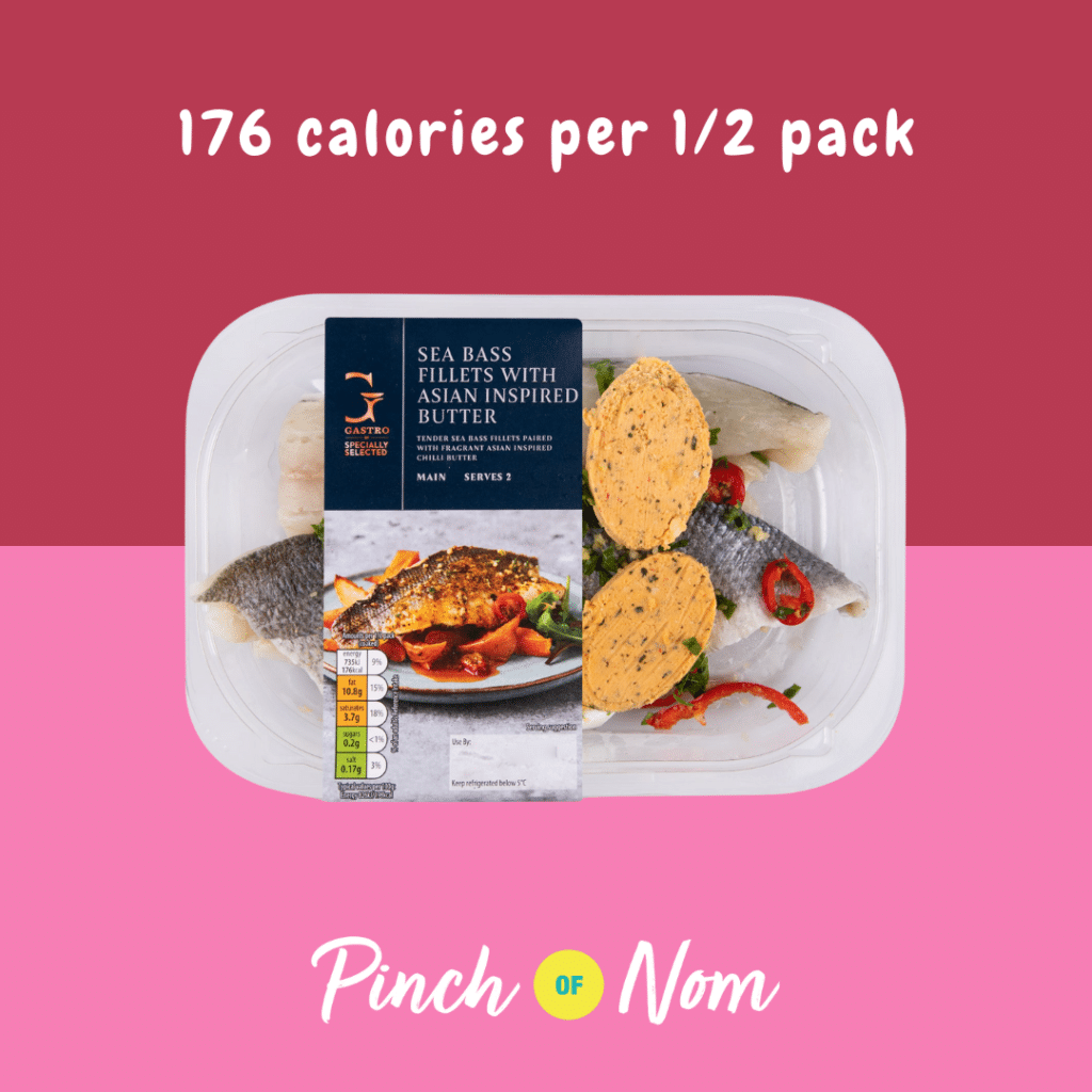 Specially Selected Sea Bass Fillets With Asian Inspired Butter featured in Pinch of Nom's Weekly Pinch of Shopping with the calorie count printed above (176 calories per 1/2 pack).