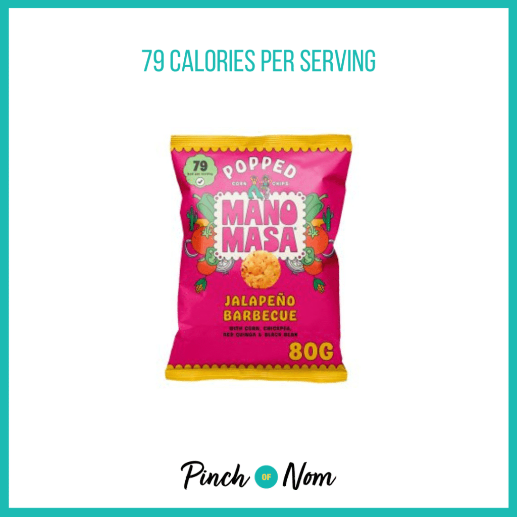 Manomasa Jalapeno Barbecue Popped Corn Chips featured in Pinch of Nom's Weekly Pinch of Shopping with the calorie count printed above (79 calories per serving).