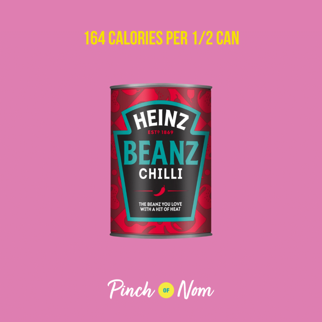 Heinz Beanz Chilli featured in Pinch of Nom's Weekly Pinch of Shopping with the calorie count printed above (164 calories per 1/2 can).