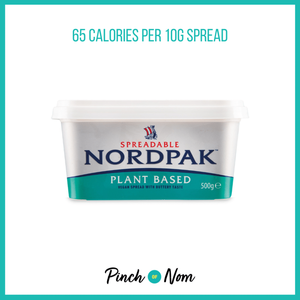 Nordpak Plant Based Vegan Spread With Buttery Taste featured in Pinch of Nom's Weekly Pinch of Shopping with the calorie count printed above (65 calories per 10g spread).