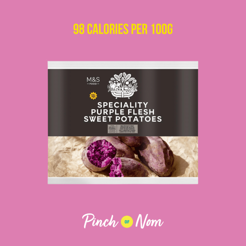 M&S Collection Purple Flesh Sweet Potatoes featured in Pinch of Nom's Weekly Pinch of Shopping with the calorie count printed above (98 calories per 100g).