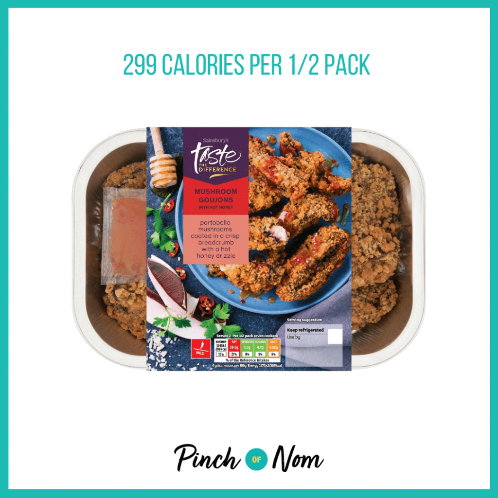 Sainsbury's Mushroom Goujons with Hot Honey, Taste the Difference featured in Pinch of Nom's Weekly Pinch of Shopping with the calorie count printed above (299 calories per 1/2 pack).