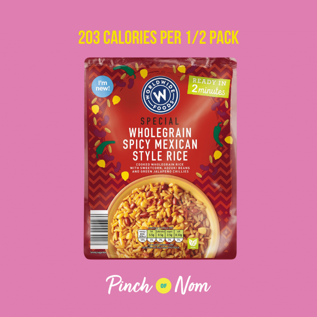 Fiesta Special Wholegrain Spicy Rice featured in Pinch of Nom's Weekly Pinch of Shopping with the calorie count printed above (203 calories per 1/2 pack).