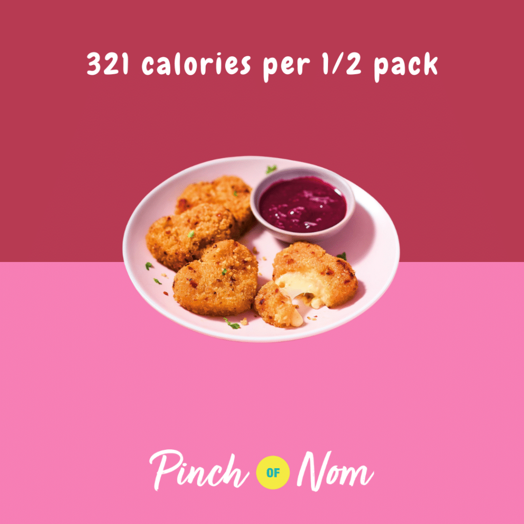 Emporium Breaded Cheese Love Hearts featured in Pinch of Nom's Weekly Pinch of Shopping with the calorie count printed above (321 calories per 1/2 pack).