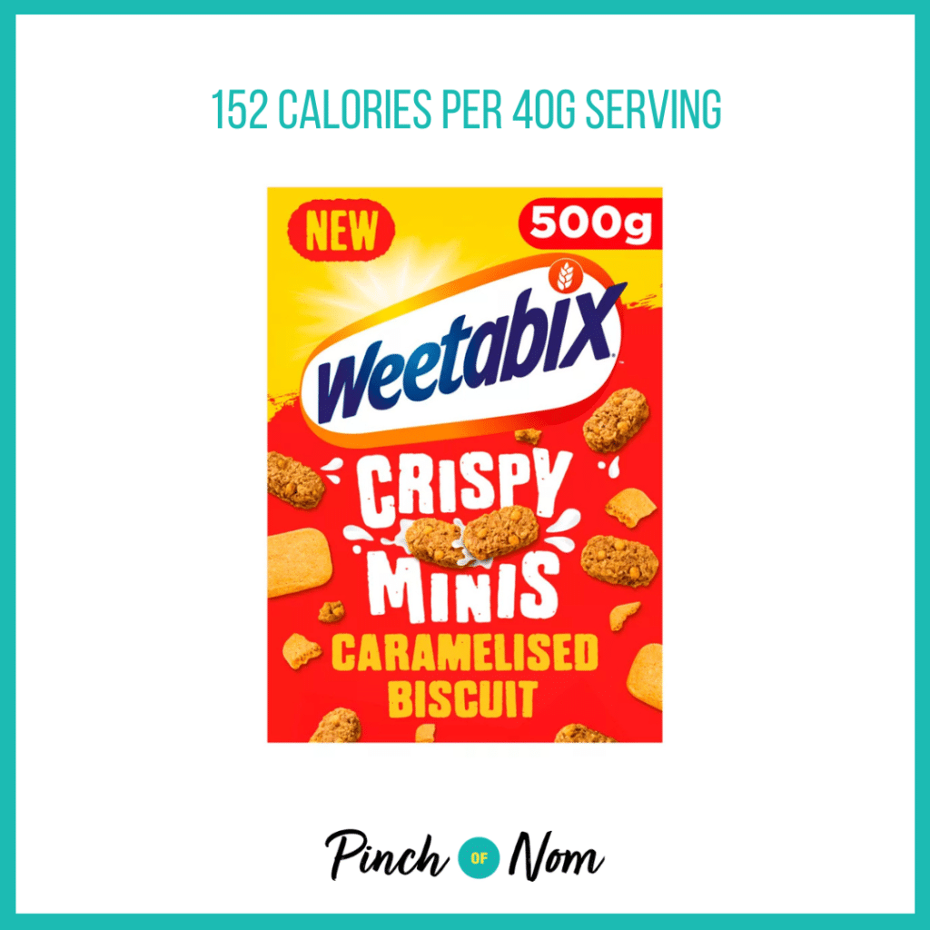 Weetabix Crispy Minis Caramelised Biscuit featured in Pinch of Nom's Weekly Pinch of Shopping with the calorie count printed above (152 calories per 40g serving).