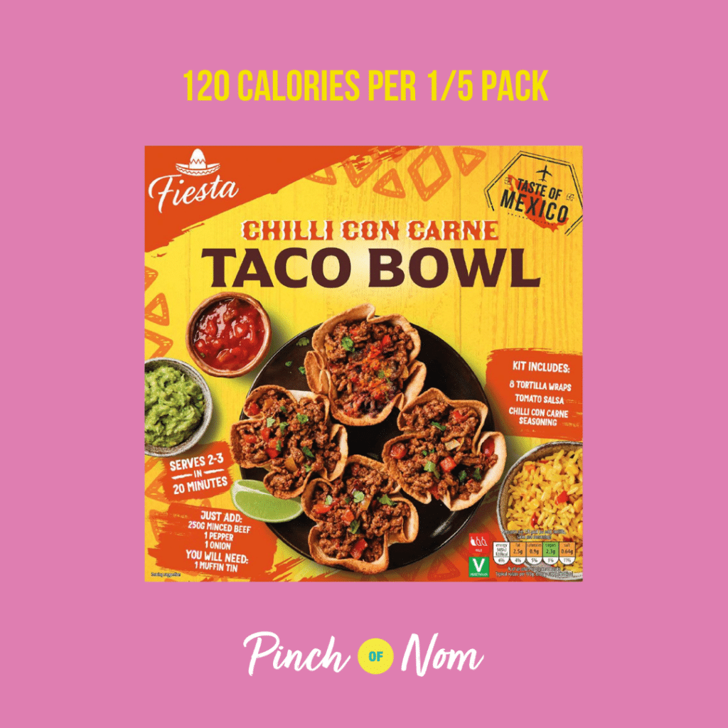 Fiesta Chilli Taco Bowl Kit featured in Pinch of Nom's Weekly Pinch of Shopping with the calorie count printed above (120 calories per 1/5 pack).