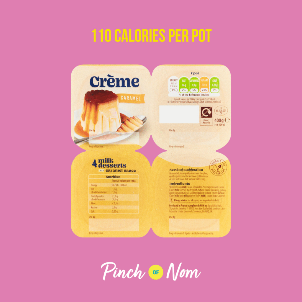 Crème Caramel Milk Desserts with Caramel Sauce featured in Pinch of Nom's Weekly Pinch of Shopping with the calorie count printed above (110 calories per pot).