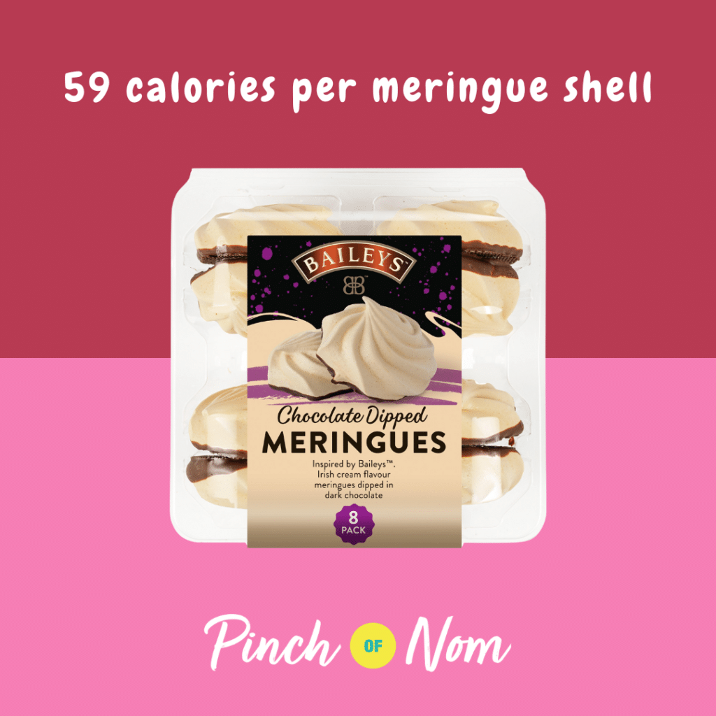 Baileys Chocolate Dipped Meringues featured in Pinch of Nom's Weekly Pinch of Shopping with the calorie count printed above (59 calories per meringue shell).