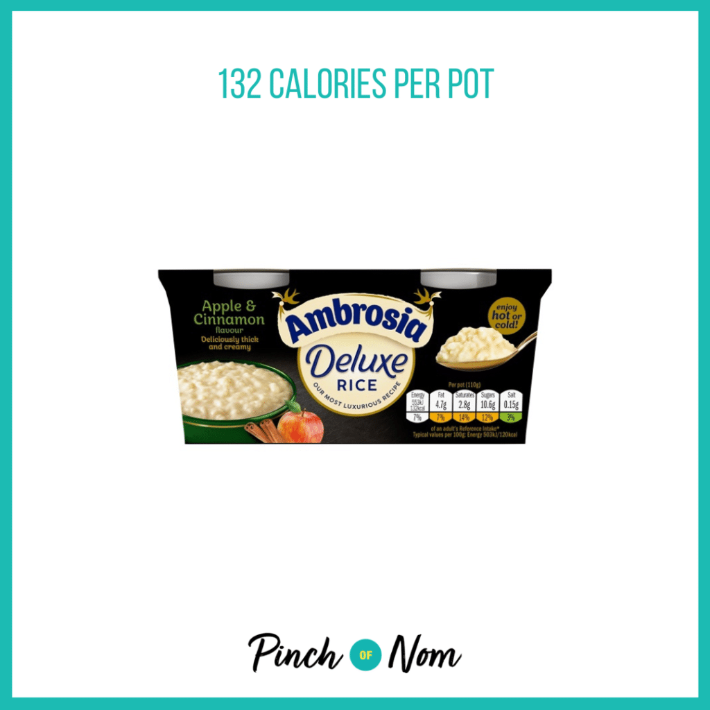 Ambrosia Apple & Cinnamon Flavour Deluxe Rice featured in Pinch of Nom's Weekly Pinch of Shopping with the calorie count printed above (132 calories per pot).