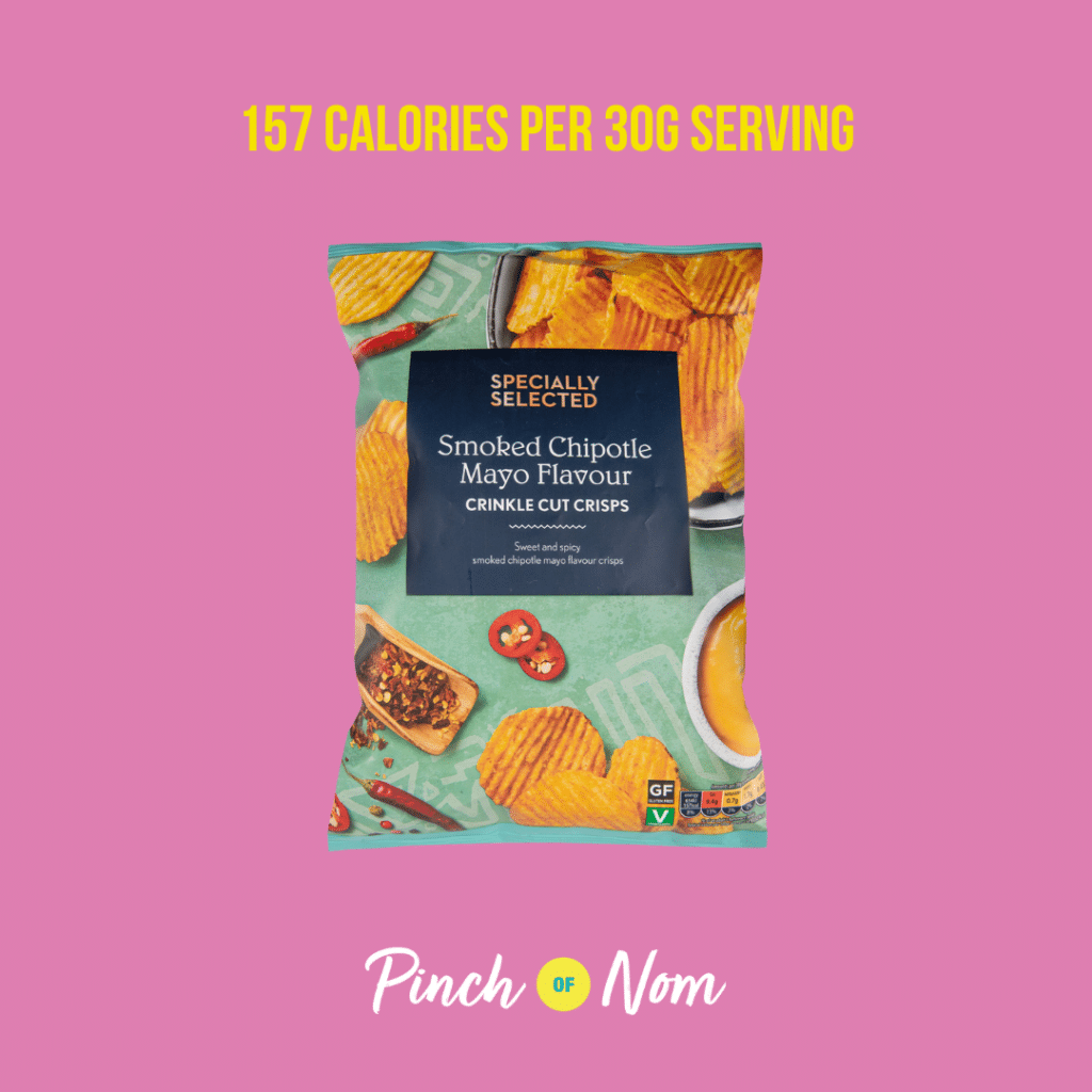 Specially Selected Chipotle Mayo Handcooked Crisps featured in Pinch of Nom's Weekly Pinch of Shopping with the calorie count printed above (157 calories per 30g serving).