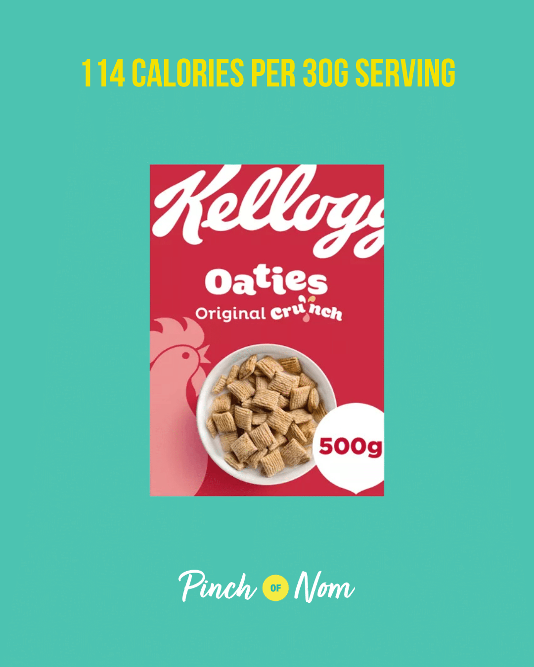 Kellogg's Oaties Original Crunch breakfast cereal featured in Pinch of Nom's Weekly Pinch of Shopping with the calorie count printed above (114 calories per 30g serving).