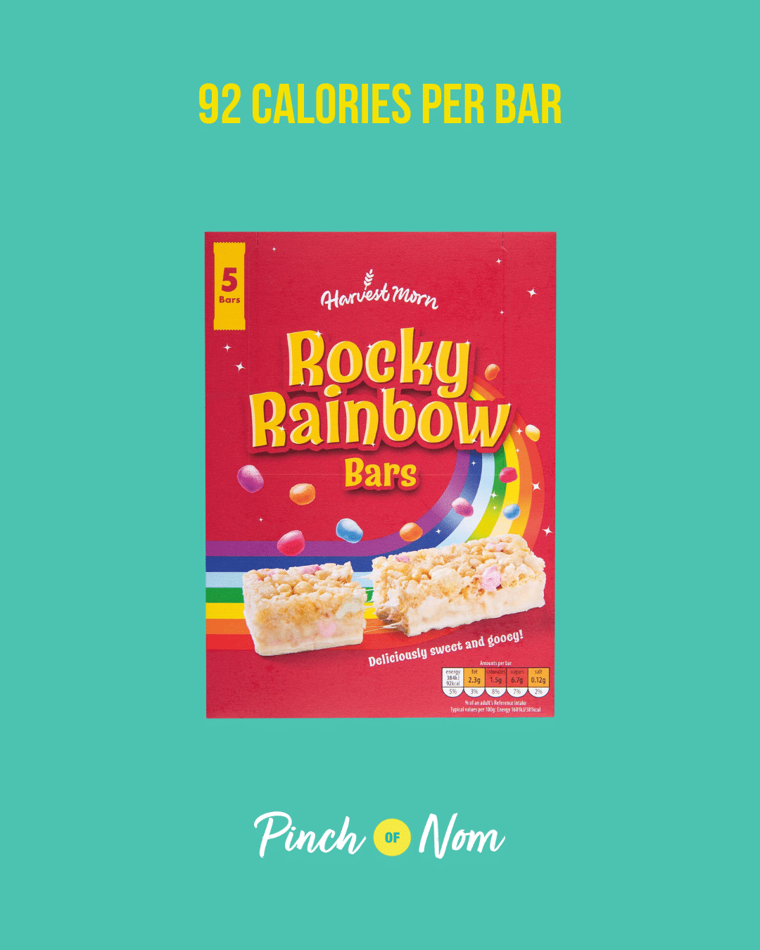 Harvest Morn Rocky Rainbow Bars featured in Pinch of Nom's Weekly Pinch of Shopping with the calorie count printed above (92 calories per bar).