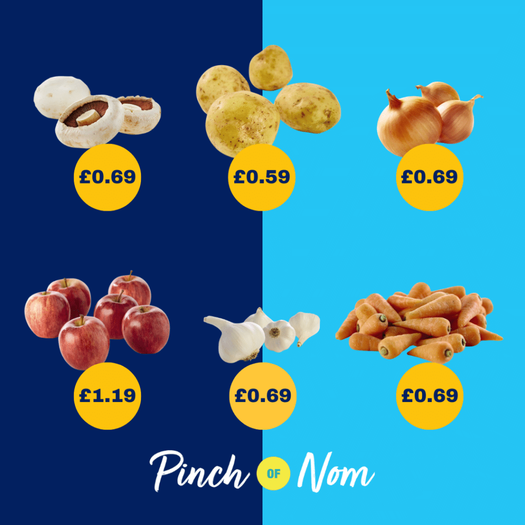 The fruit and veg selection from Aldi's Super 6, alongside their prices, featured in Pinch of Nom's Weekly Pinch of Shopping.