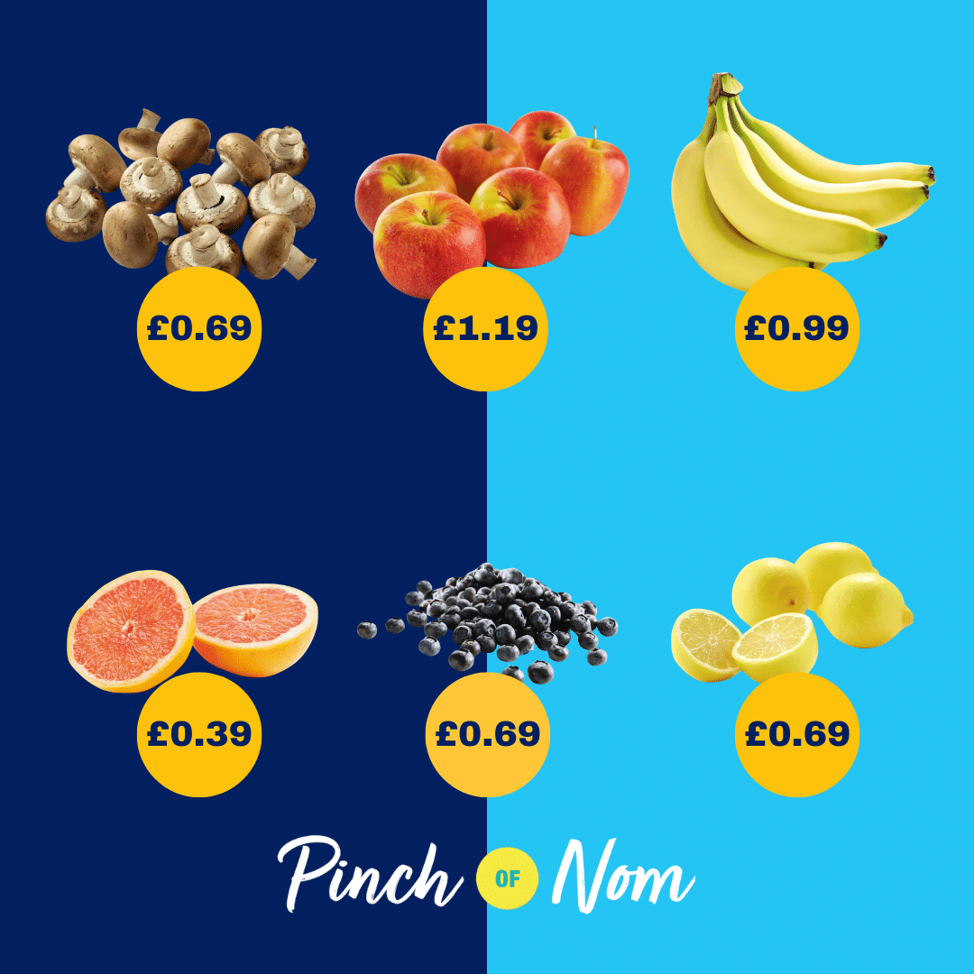 The fruit and veg selection from Aldi's Super 6, alongside their prices, featured in Pinch of Nom's Weekly Pinch of Shopping.