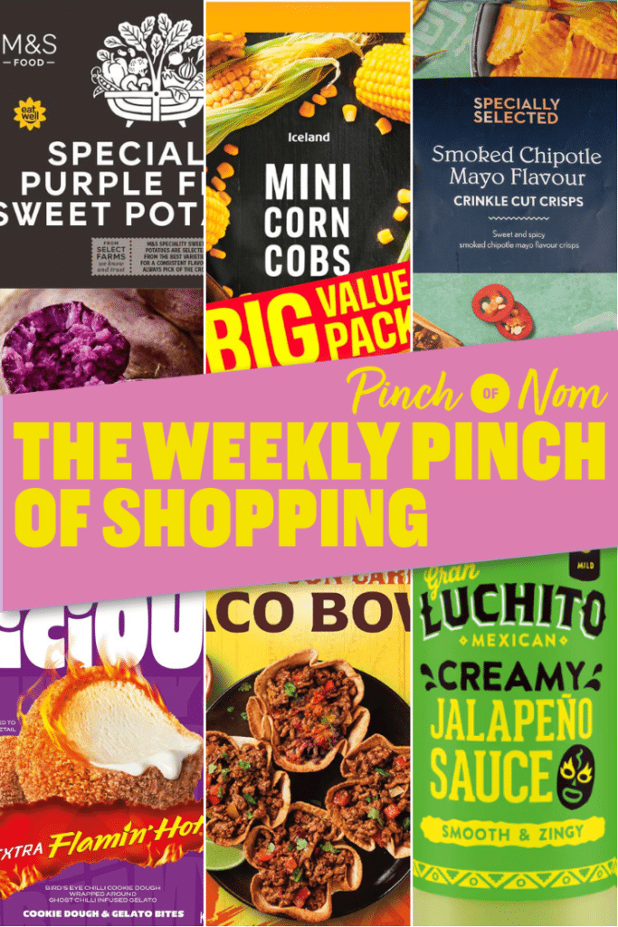 Six of the products from the Weekly Pinch of Shopping in a grid format. There is a banner spread across the centre of the image that features the Pinch of Nom logo, and 'The Weekly Pinch of Shopping' in bold letters.