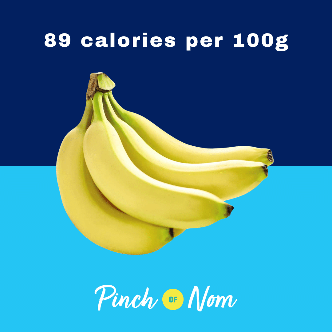 Bananas from Aldi's Super 6 selection, featured in Pinch of Nom's Weekly Pinch of Shopping with calories above (89 calories per 100g).