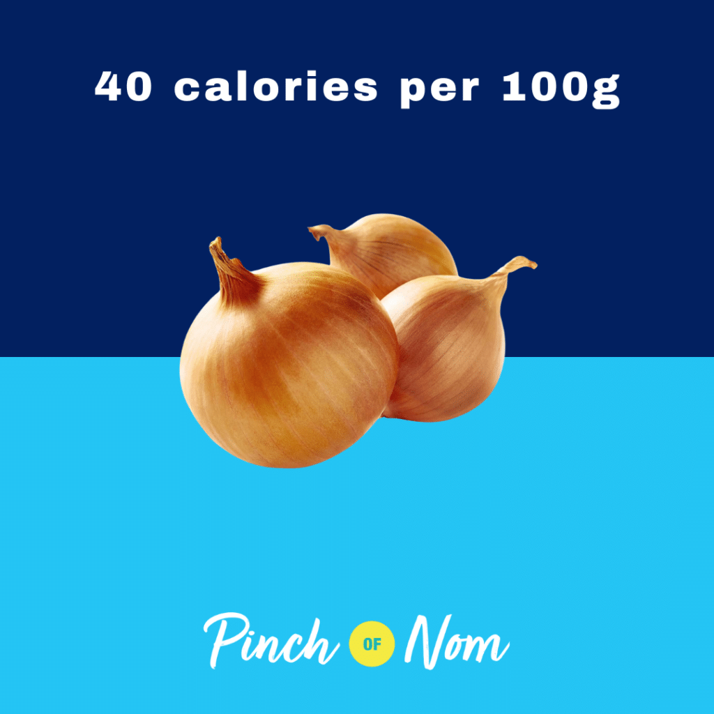 Brown Onions from Aldi's Super 6 selection, featured in Pinch of Nom's Weekly Pinch of Shopping with calories above (40 calories per 100g).