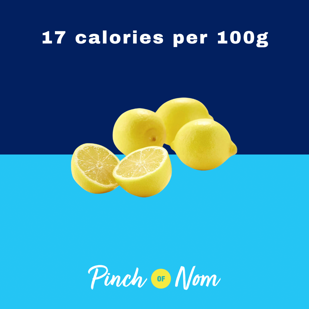 Unwaxed Lemons from Aldi's Super 6 selection, featured in Pinch of Nom's Weekly Pinch of Shopping with calories above (17 calories per 100g).