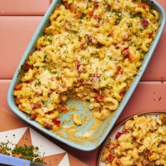 Chicken and Chorizo Mac and Cheese. served in an ovenproof dish.