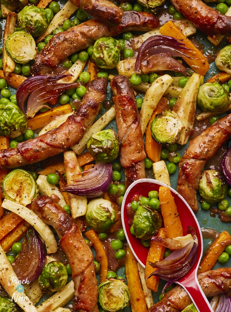 Pigs in Blankets Traybake, fresh out of the oven, ready for serving.