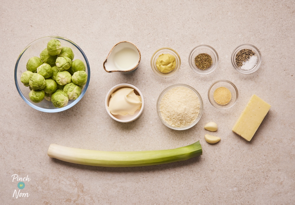 Ingredients for Sprout Gratin laid out on counter.