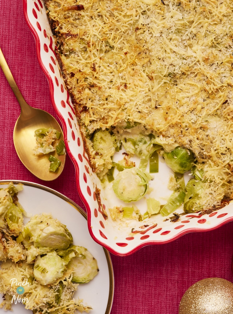 Sprout Gratin, freshly baked and ready for serving.
