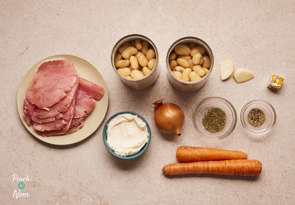 Ingredients for Bacon and Butter Bean Soup on counter.