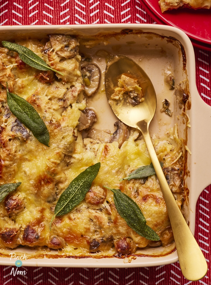 Christmas Lasagne, freshly baked in ovenproof dish.