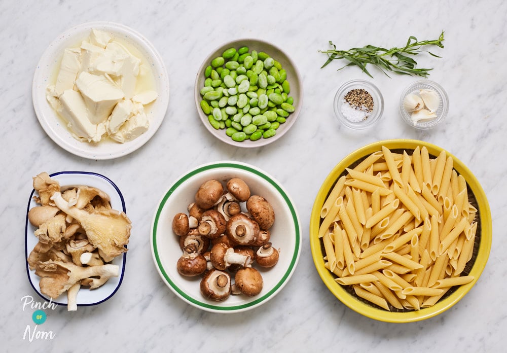 Ingredients for Creamy Vegan Pasta laid out on counter.