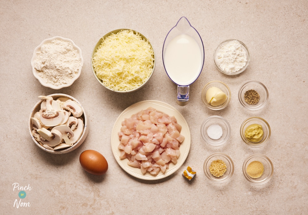 Ingredients for Pinch of Nom Cheesy Chicken and Mushroom Pancakes laid out on counter.