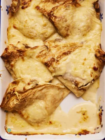 Cheesy Chicken and Mushroom Pancakes pinchofnom.com