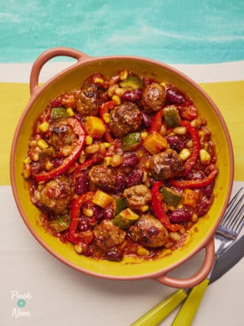 BBQ Bean and Sausage Bake pinchofnom.com